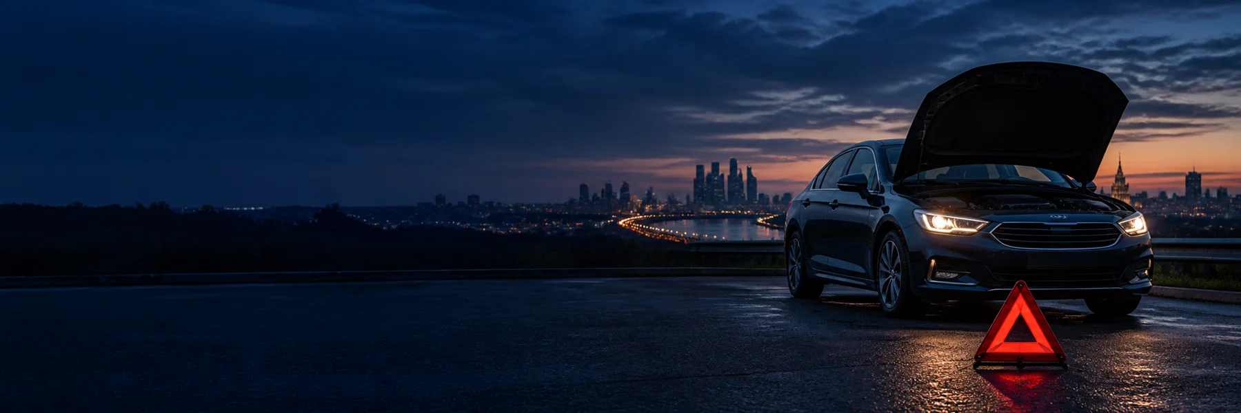Автомобиль с открытым капотом на обочине